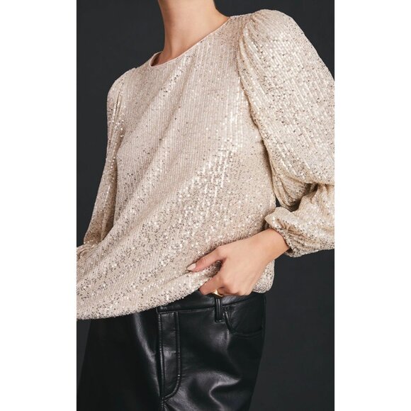 Anthropologie Flat White Sequin Long-Sleeve Top Size L Petite Keyhole Back - Picture 5 of 9